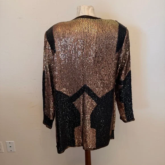 VTG Rina Z 100% Silk Sequin Jacket Bronze Black Geometric M - Picture 6 of 8